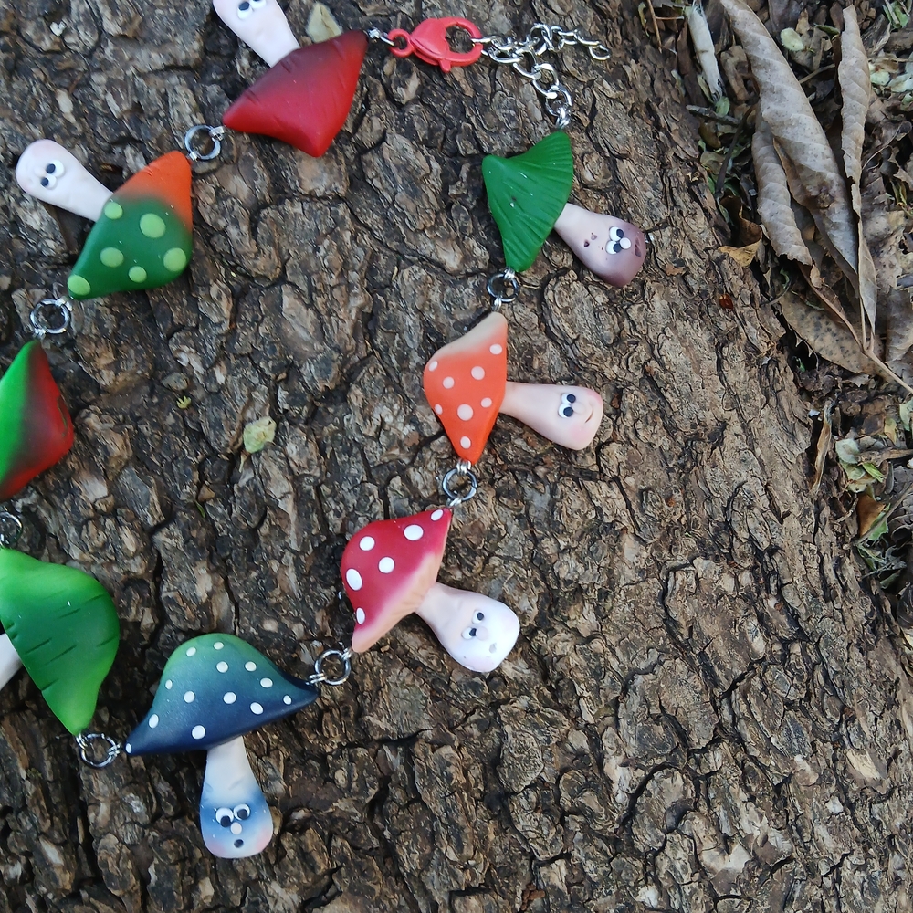 Whimsical Mushroom Necklace in Green, Blue & Red - Picture 4 of 8